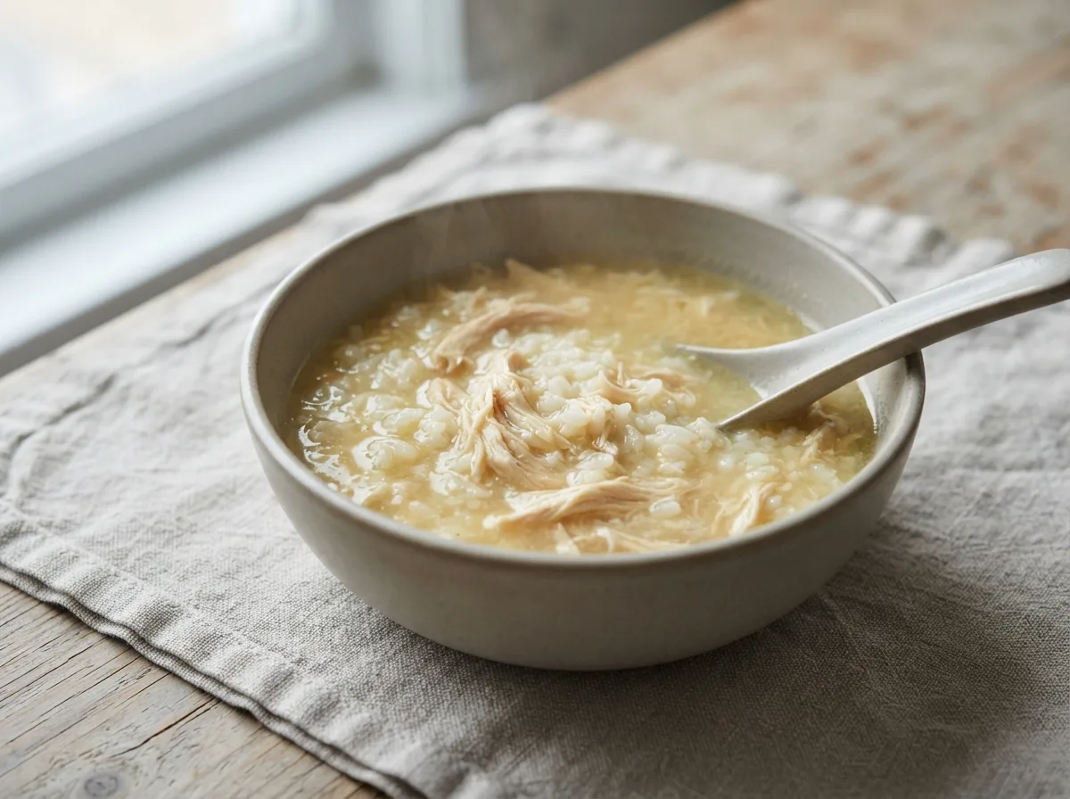 A bowl of pale golden avgolemono soup with rice and shredded chicken, a spoon resting inside.