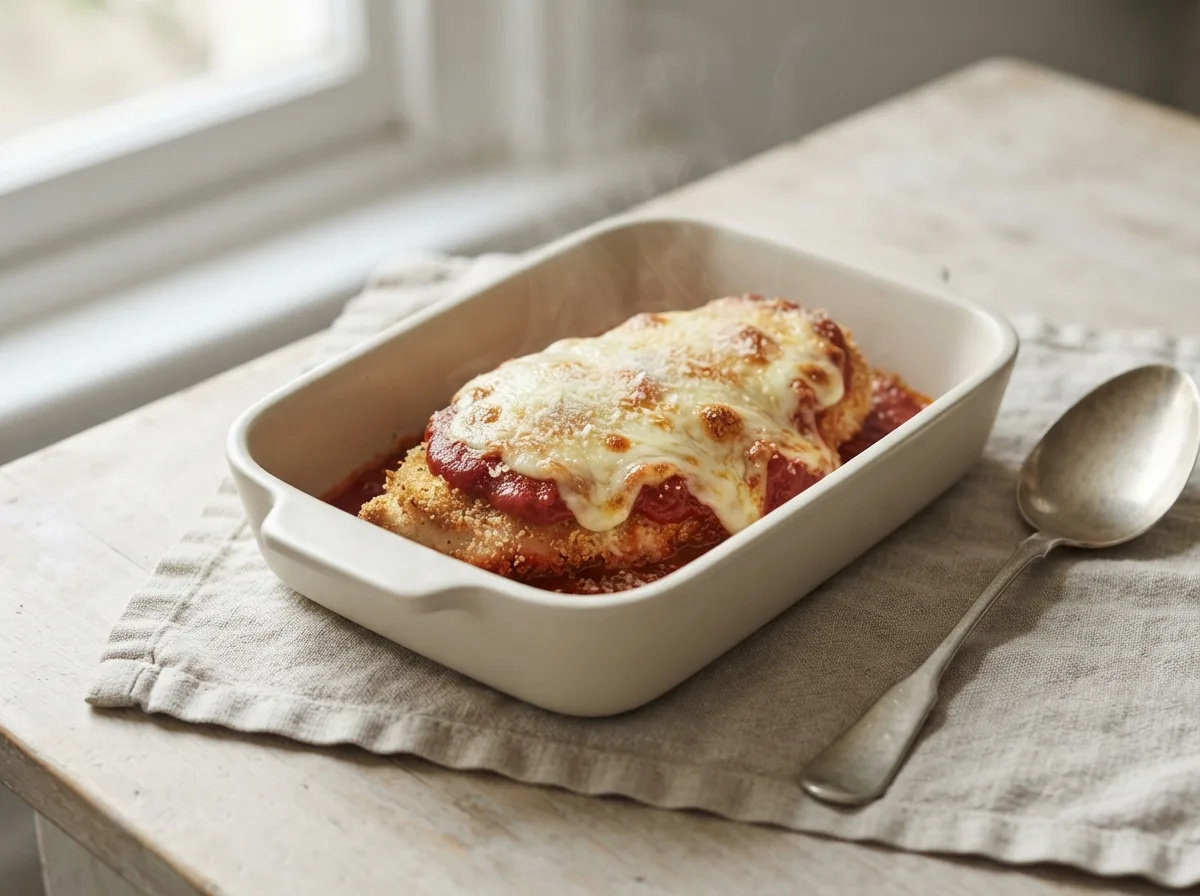 A dish of baked breaded chicken topped with tomato sauce and melted, golden mozzarella.
