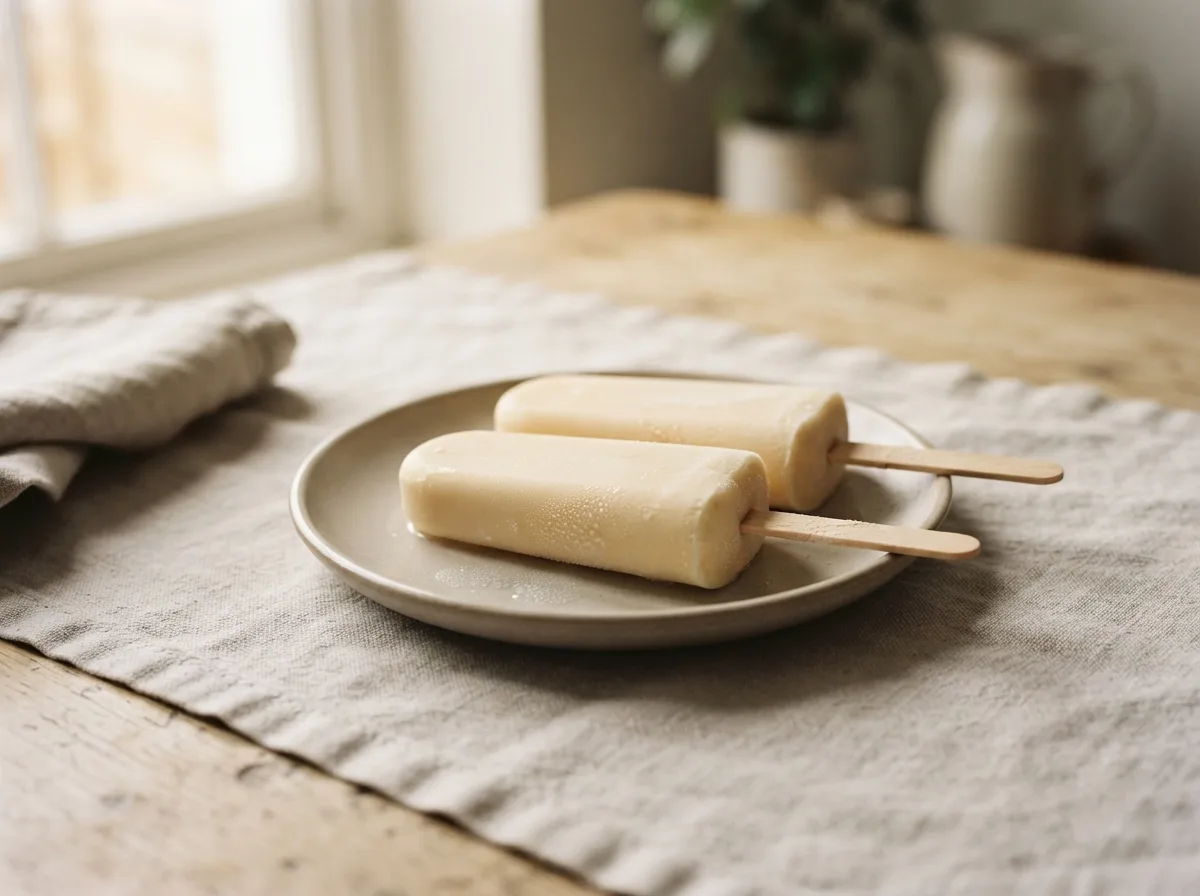 Two smooth banana and honey ice lollies on sticks, lightly frosted.