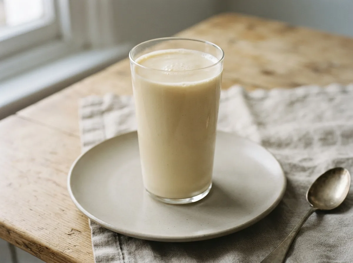 A tall glass of thick, pale golden banana milkshake filled almost to the rim.