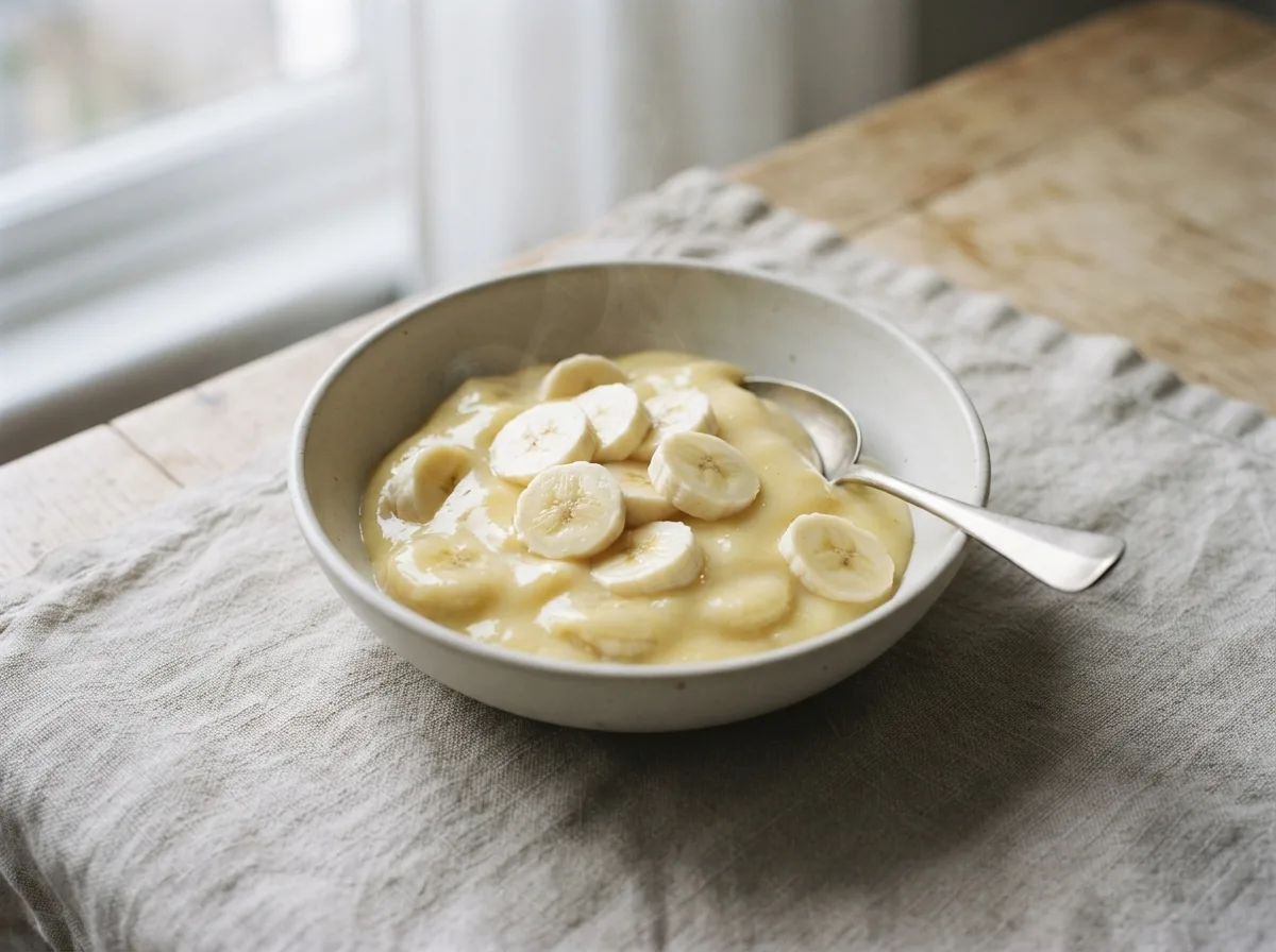 A bowl of warm custard with sliced ripe banana stirred through and a spoon resting in it.