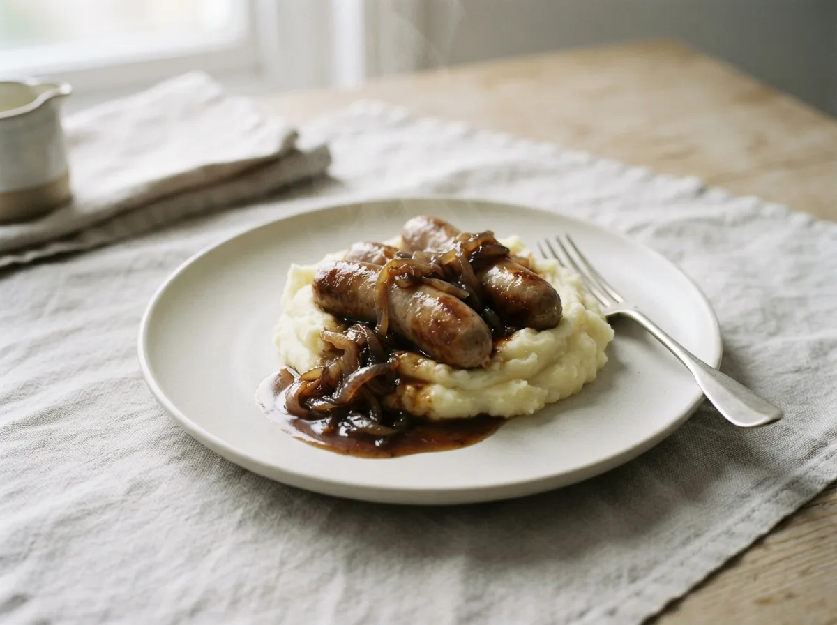 A plate of pork sausages on silky mashed potato with a dark onion gravy poured over.