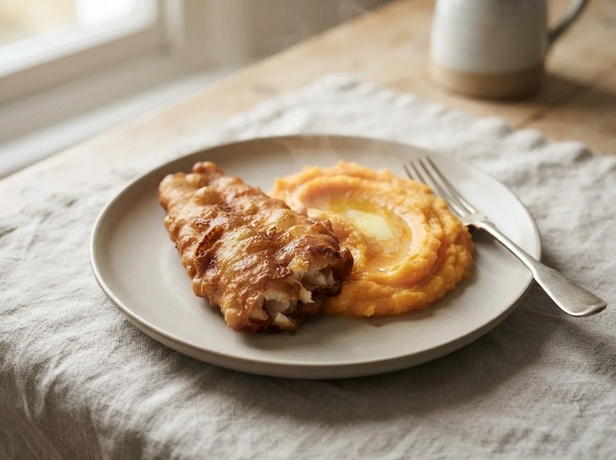 A plate of golden battered fish beside a swirl of bright orange swede and carrot mash.