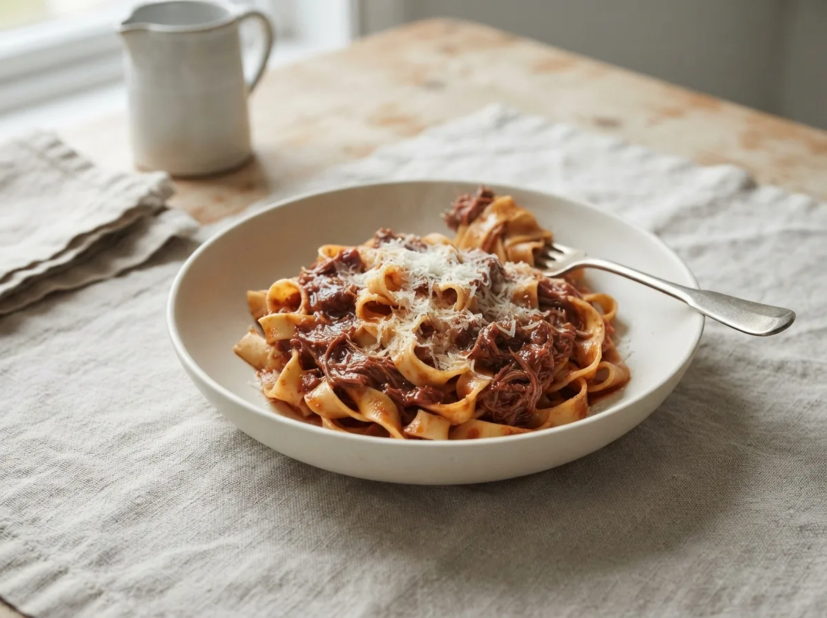 A bowl of tagliatelle coated in a rich beef ragù sauce with grated Parmesan on top.