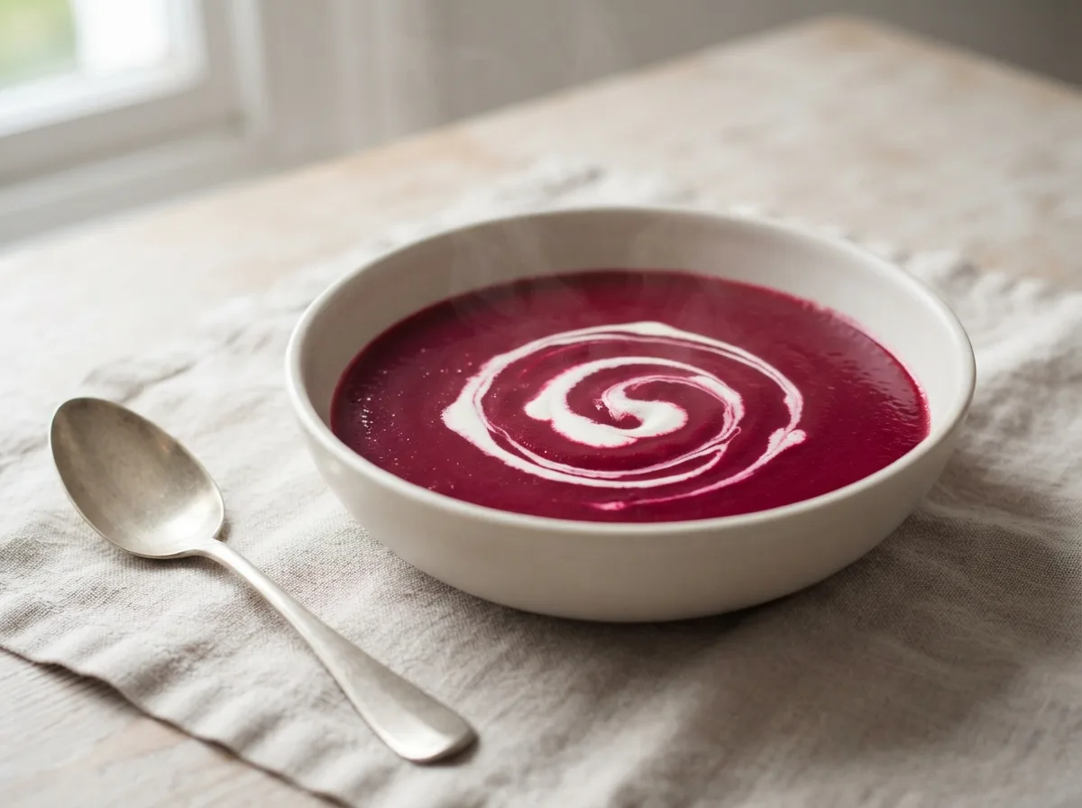 A bowl of deep magenta beetroot soup with a white cream swirl across the surface.