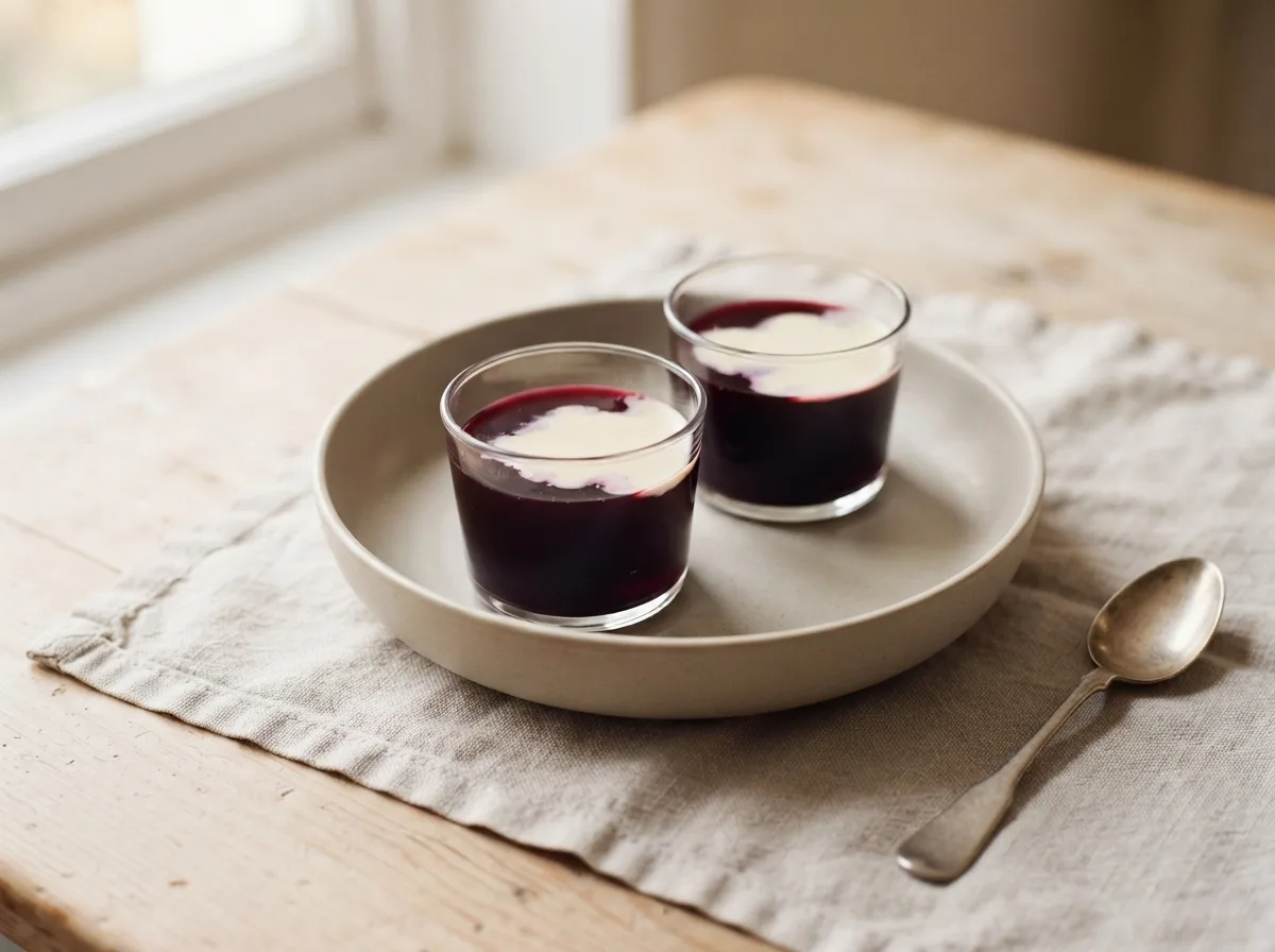 Two glasses of deep purple blackcurrant jelly with cream poured over the top.