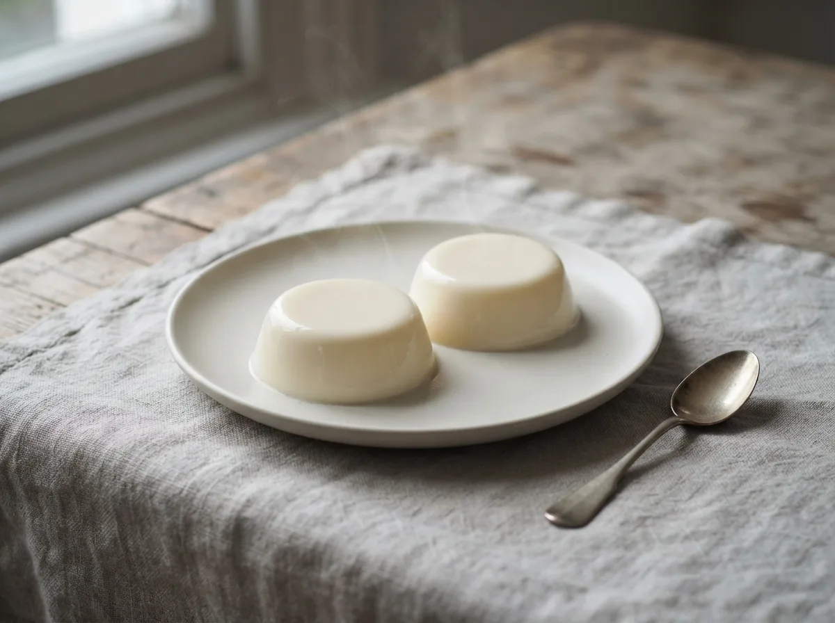 Two small domed vanilla blancmanges turned out onto white plates, with a teaspoon beside one.