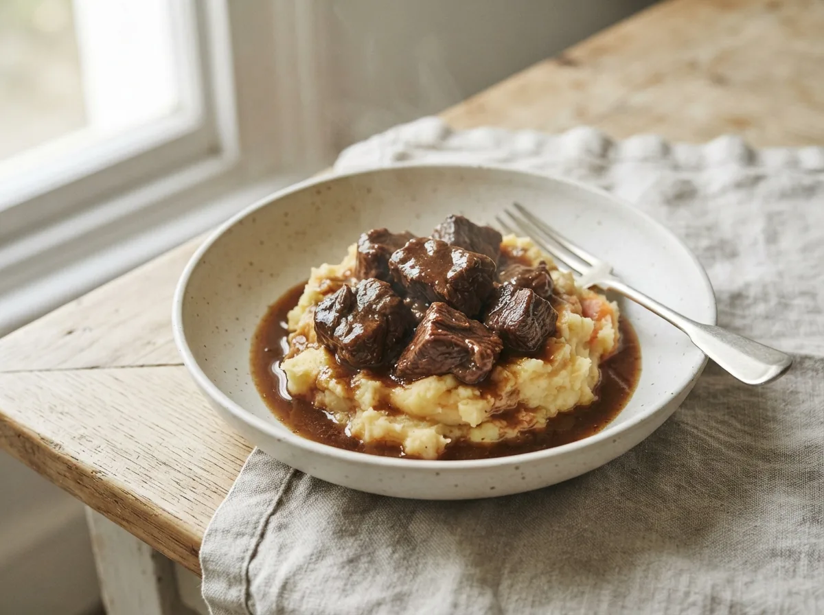 A bowl of fork-tender braised beef in a dark gravy over a mound of swede and carrot mash.
