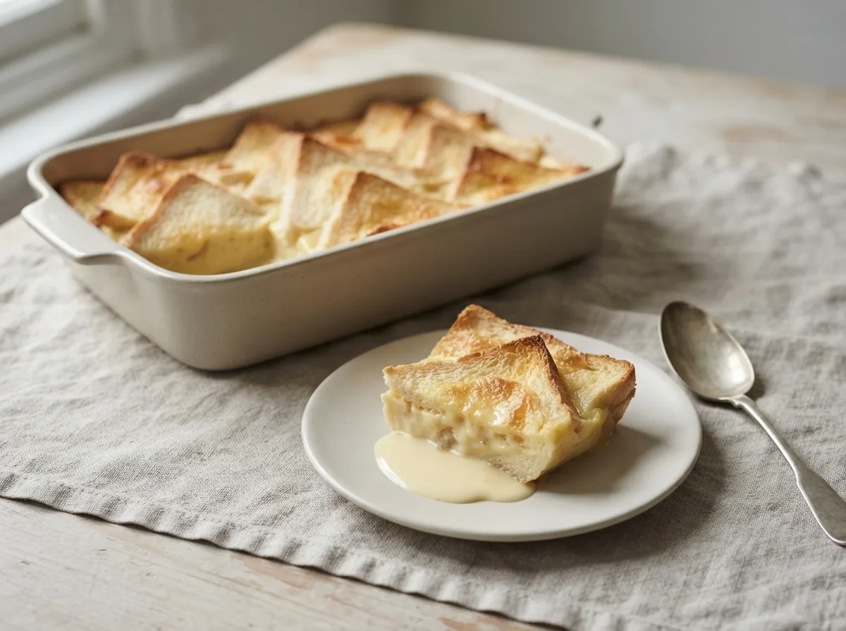 A baking dish of bread and butter pudding with golden bread triangles in a pale set custard, one wedge lifted onto a plate.