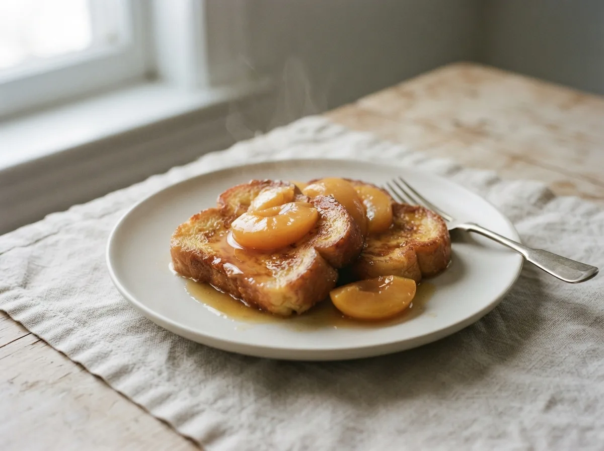 Fried golden brioche topped with warm peach slices and syrupy juice on a plate.