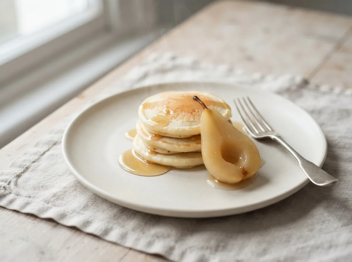 A stack of small golden pancakes on a plate with a glossy poached pear half and pooled golden syrup.