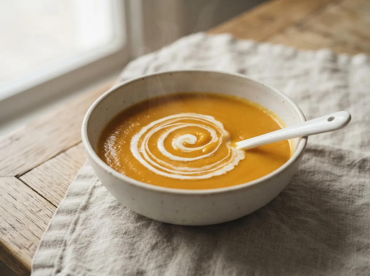 A bowl of smooth, deep orange butternut and carrot soup with a white cream swirl on top.