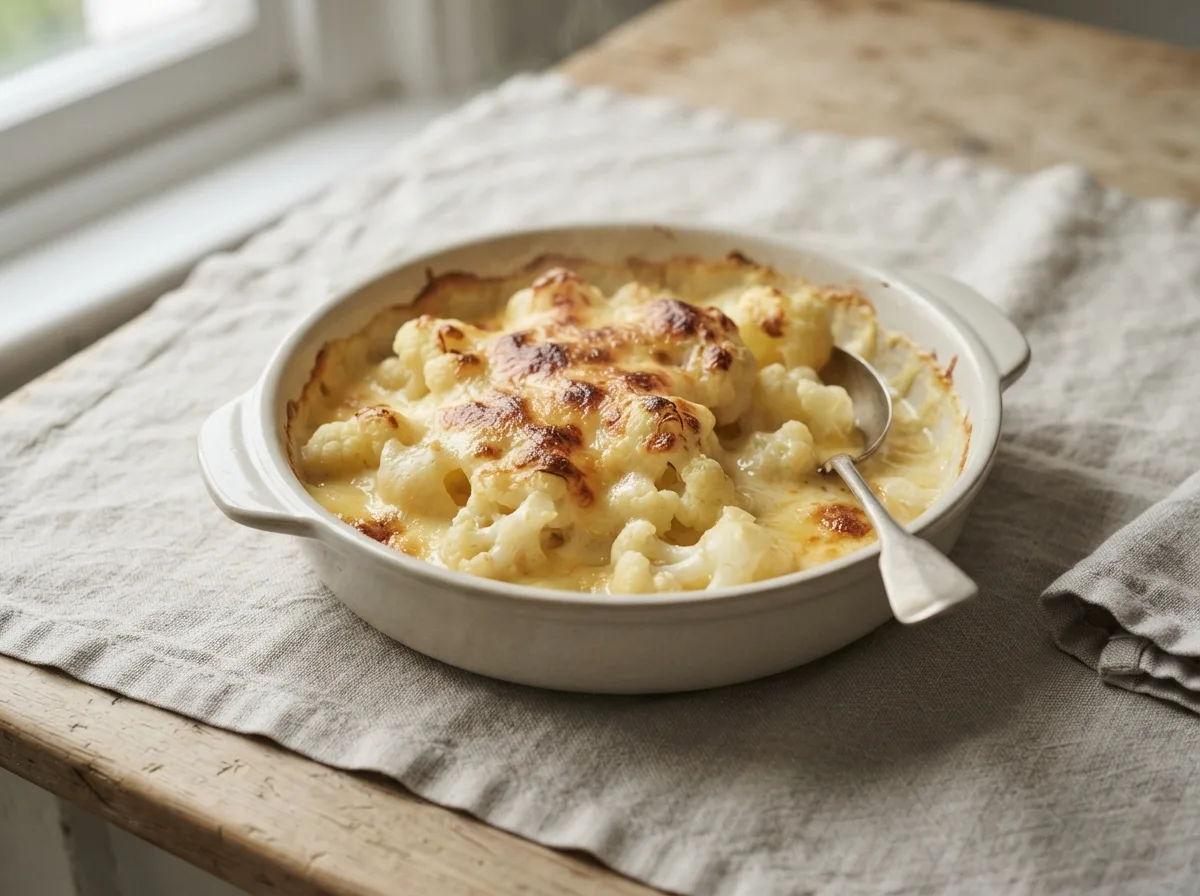 A dish of cauliflower florets in a golden cheese sauce with a grilled, golden-brown top.