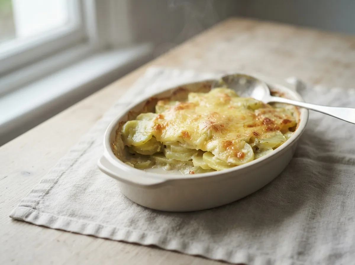A dish of sliced potato baked in cheese sauce with a golden top, a portion lifted to show the soft layers.