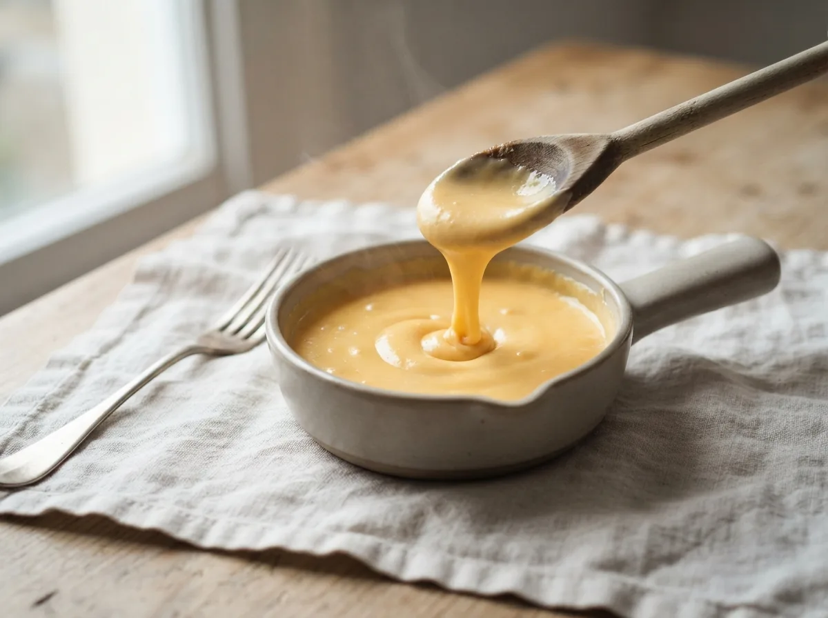 A pan of thick, golden cheese sauce with a wooden spoon lifted out of it, trailing a ribbon back down.