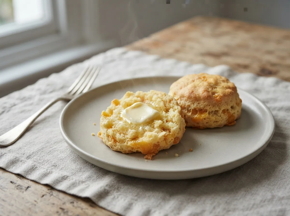 A split, buttered cheese scone with a whole scone beside it on a plate.