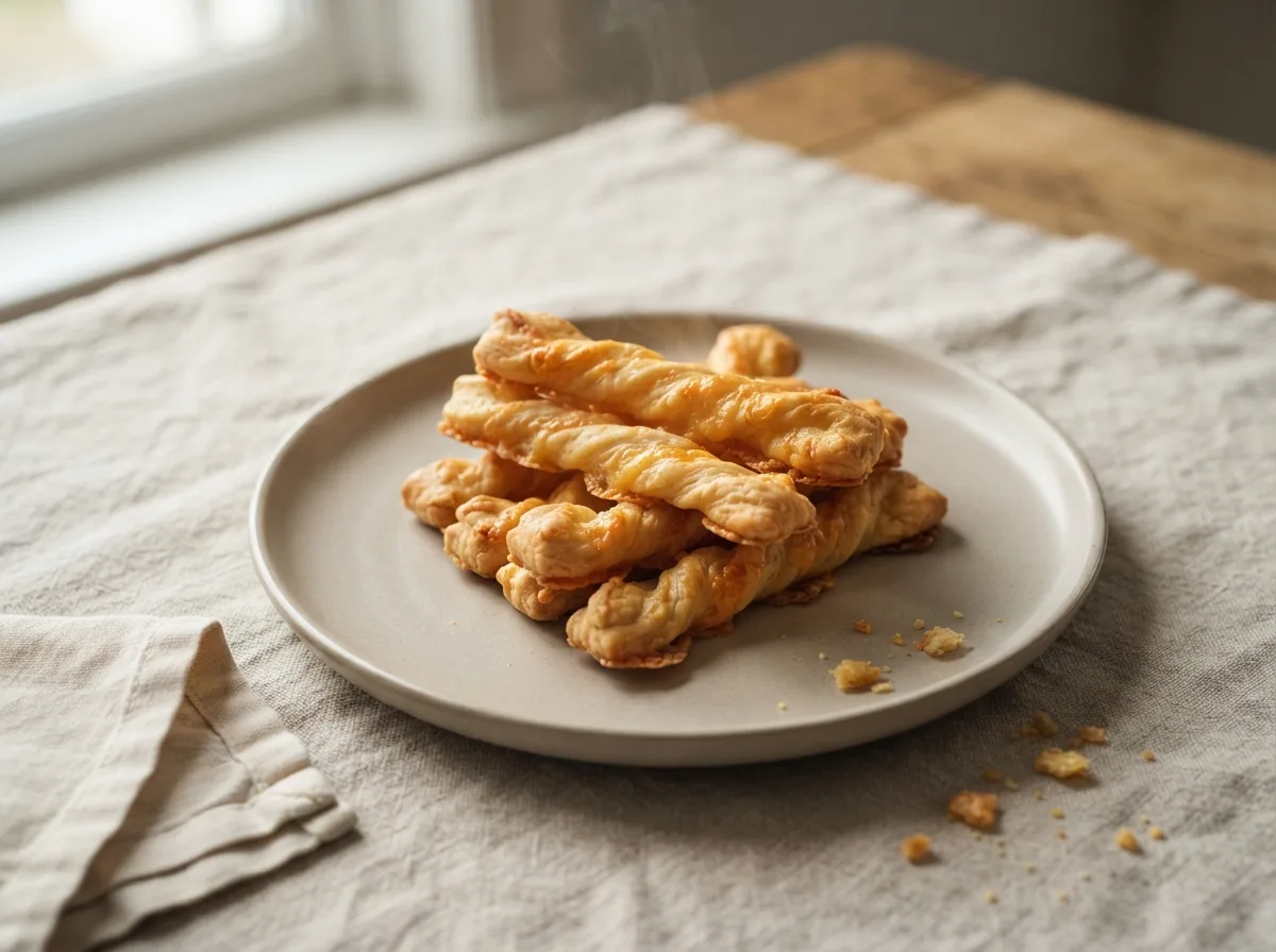 A stack of golden twisted cheese pastry straws on a plate.