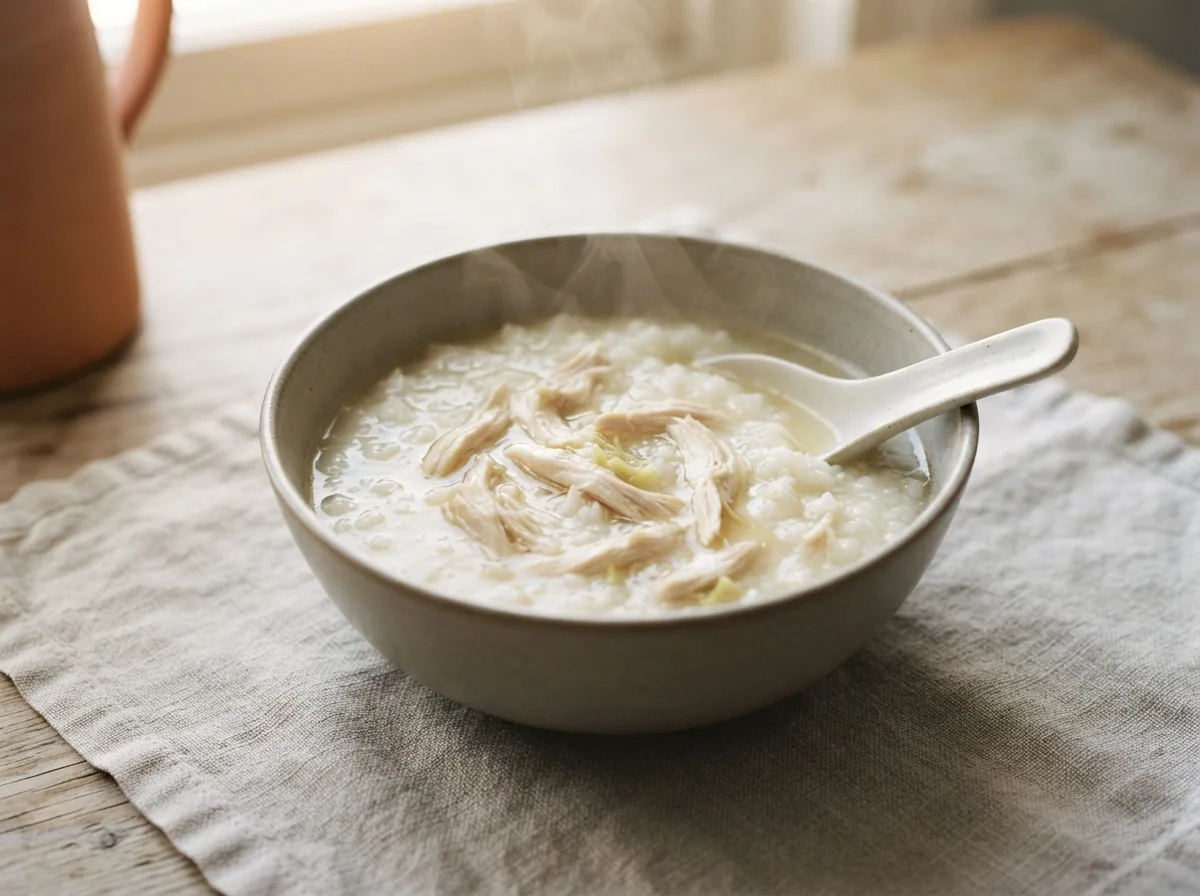 A bowl of thick, pale congee with shredded chicken folded through it, a spoon resting inside.