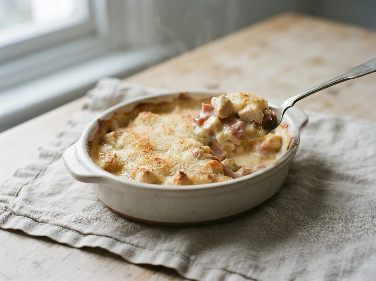A baking dish of chicken and ham in white sauce with a golden breadcrumb topping.