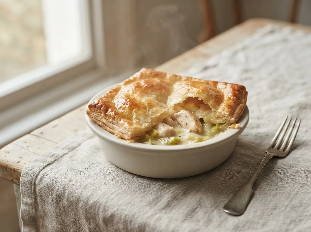 A small pie dish of chicken and leek pie with a golden puff pastry lid, broken open to show a creamy filling.