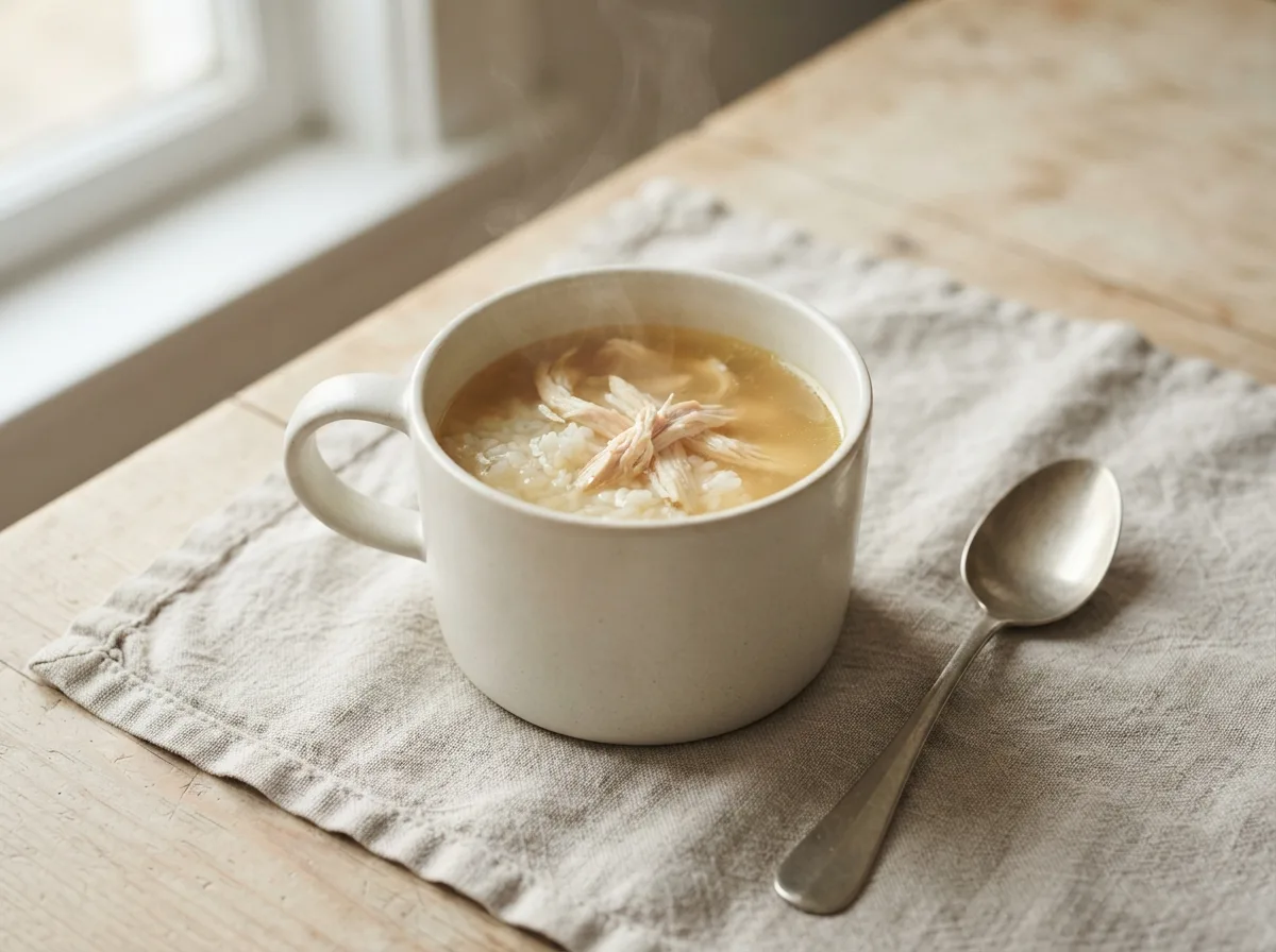 A mug of clear golden chicken broth with soft rice and shredded chicken visible inside, a spoon beside it.