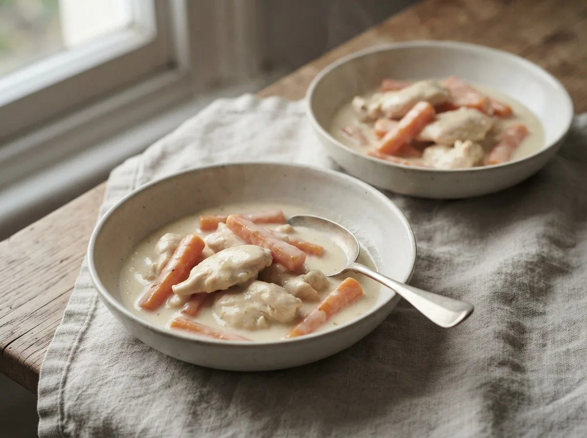 Two bowls of chicken blanquette with tender chicken and small pieces of carrot in a pale, glossy cream sauce.