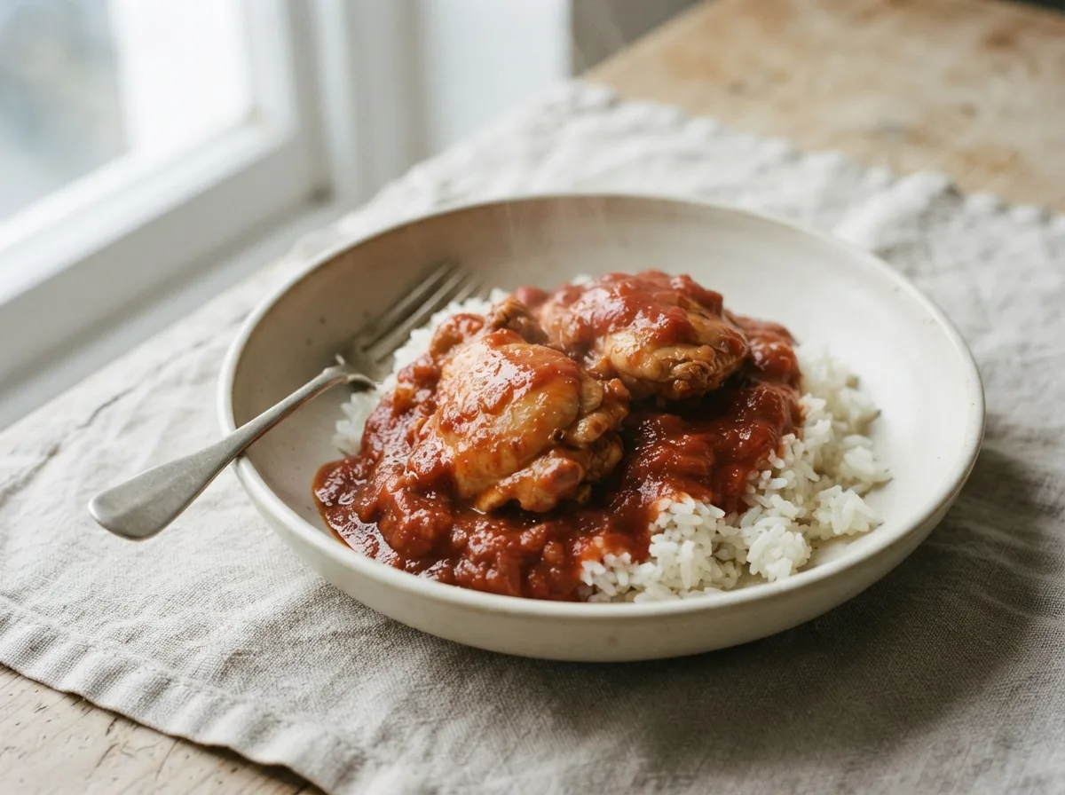 A dish of chicken thighs in a deep red tomato sauce, served over white rice.