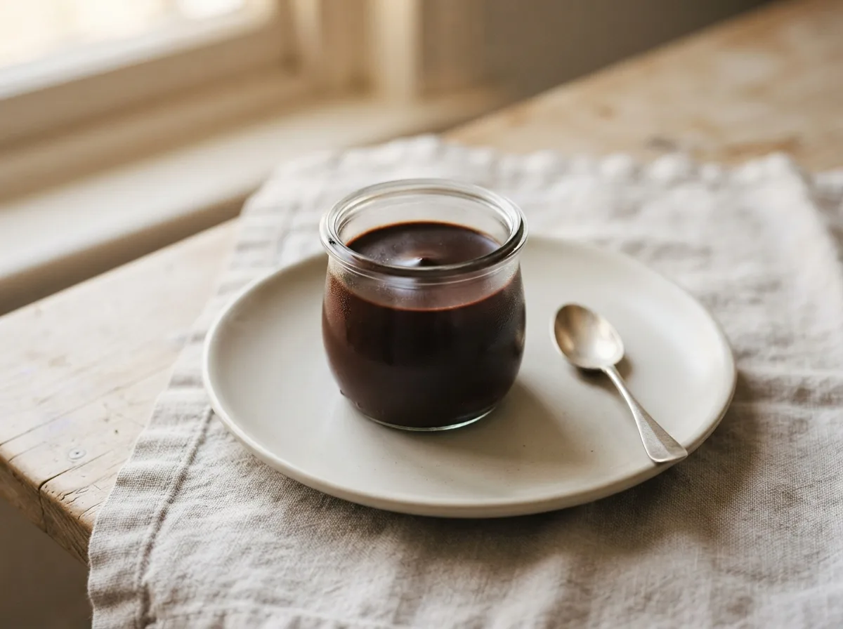 A small glass pot of set dark chocolate dessert with a glossy surface.