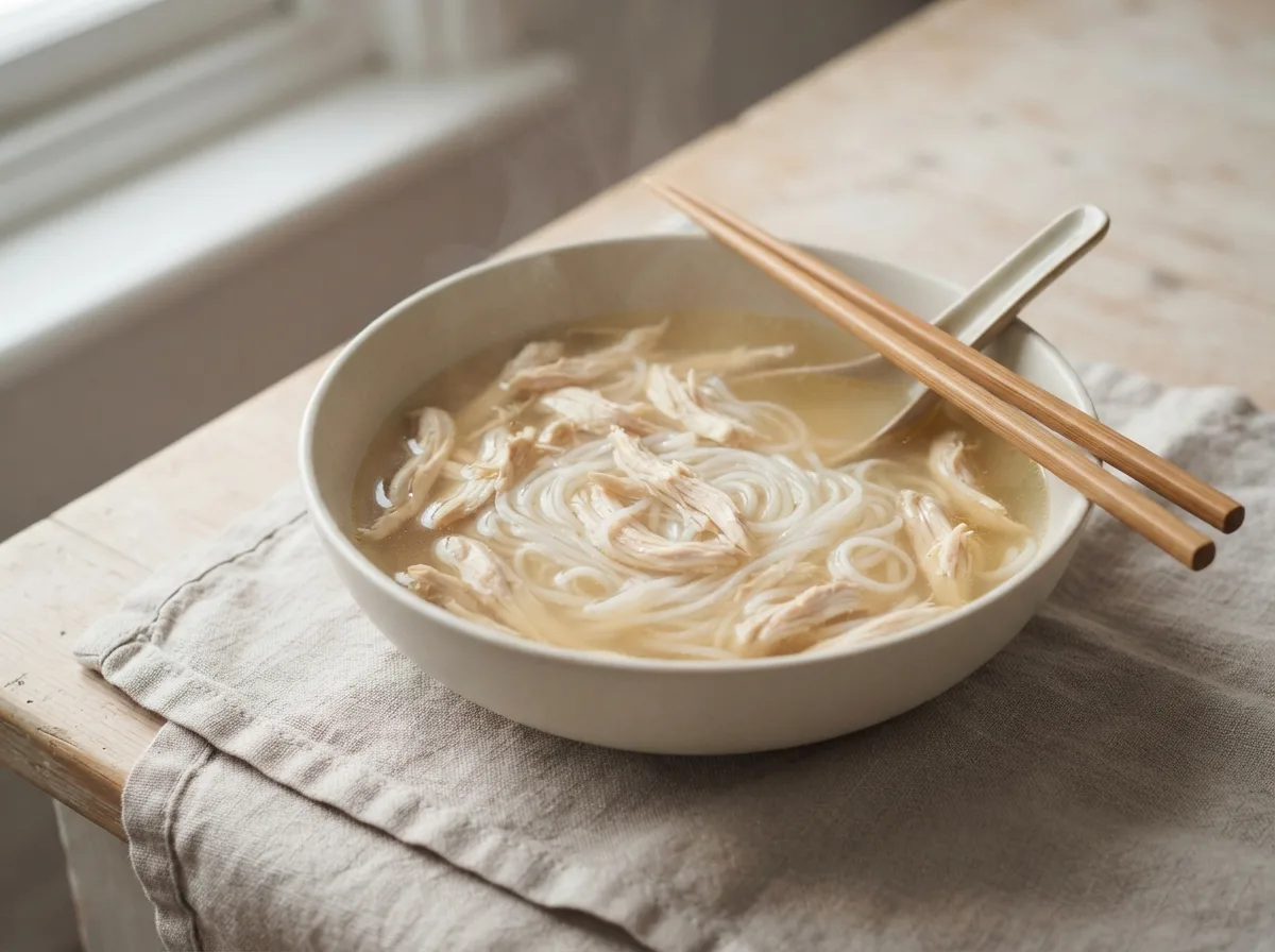 A bowl of clear golden broth with soft rice noodles and shredded chicken, chopsticks and a spoon resting on the rim.