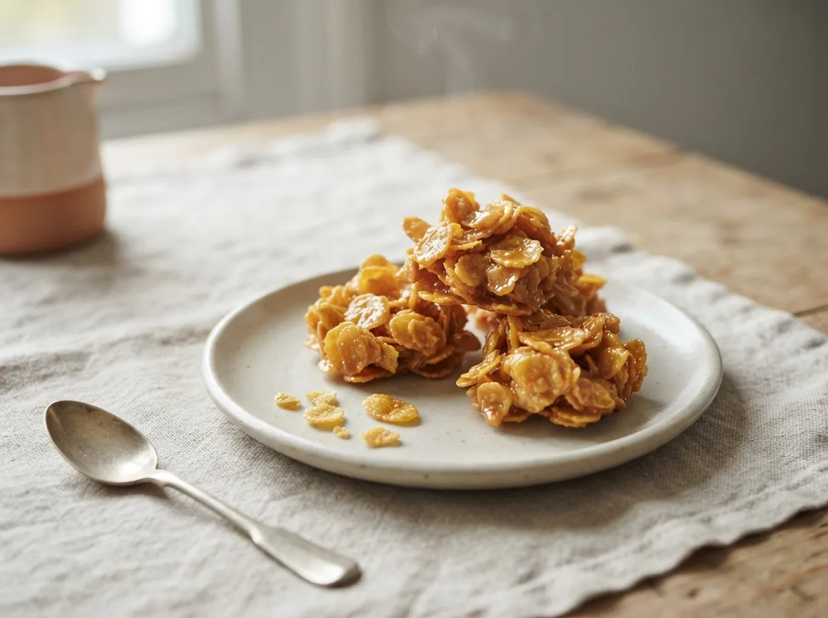 A small pile of golden baked cornflake clusters on a plate.
