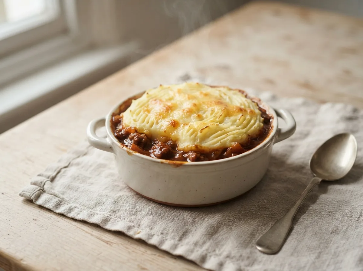 A small pie dish of cottage pie topped with golden, grilled mashed potato and melted Cheddar.