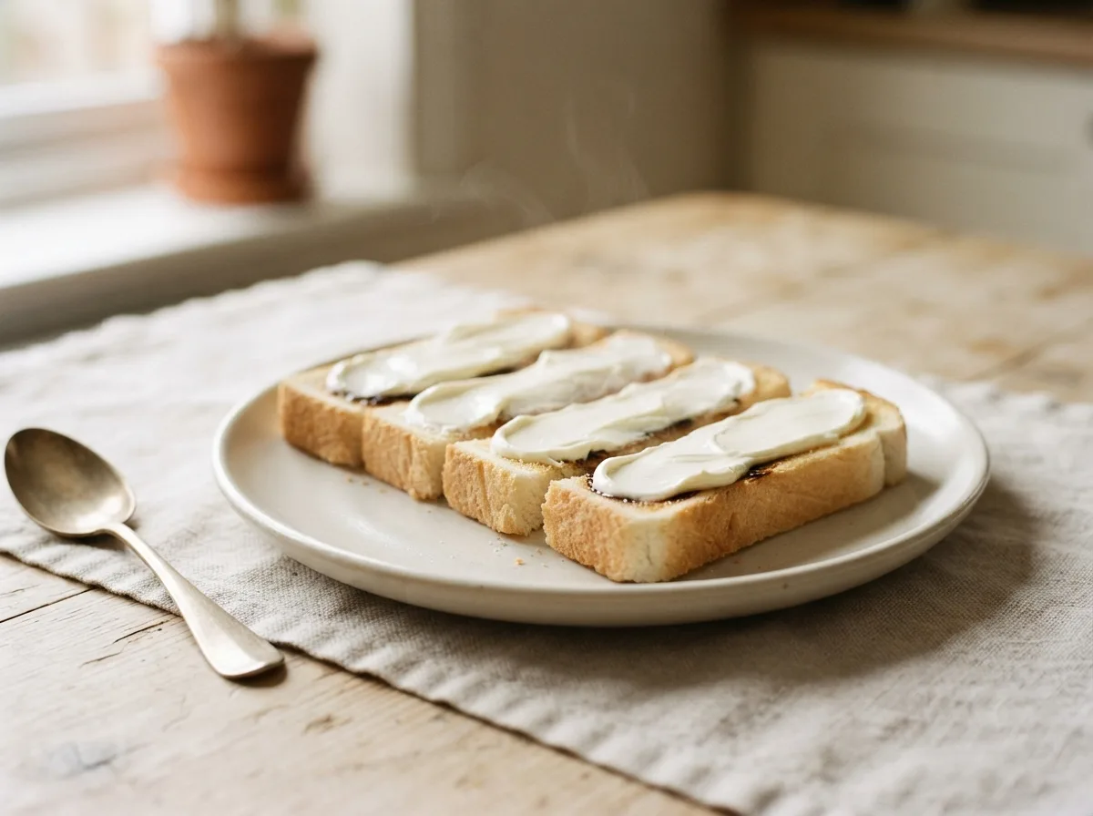 Toast fingers spread with a thin layer of Marmite under a thick layer of white cream cheese.