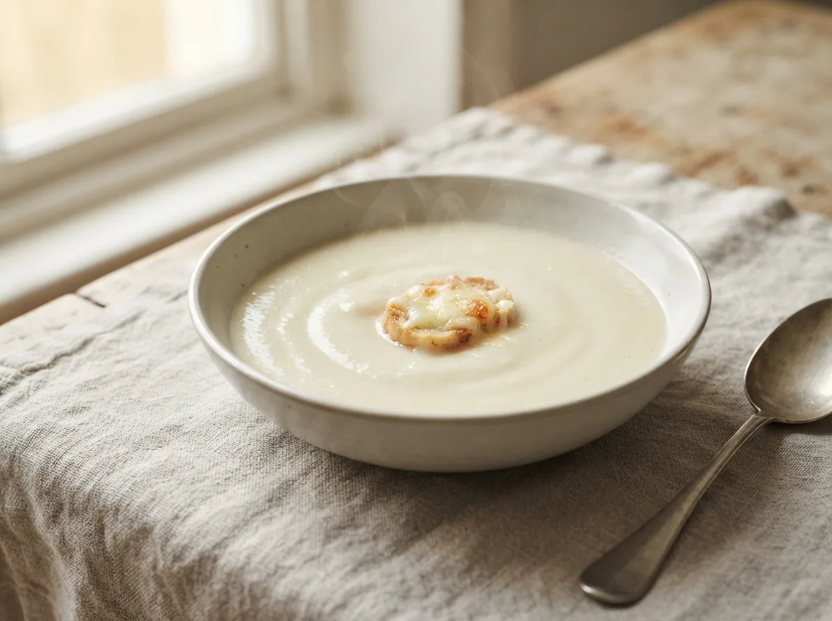 A bowl of smooth pale ivory cauliflower soup with small golden cheese croutons floating on top.