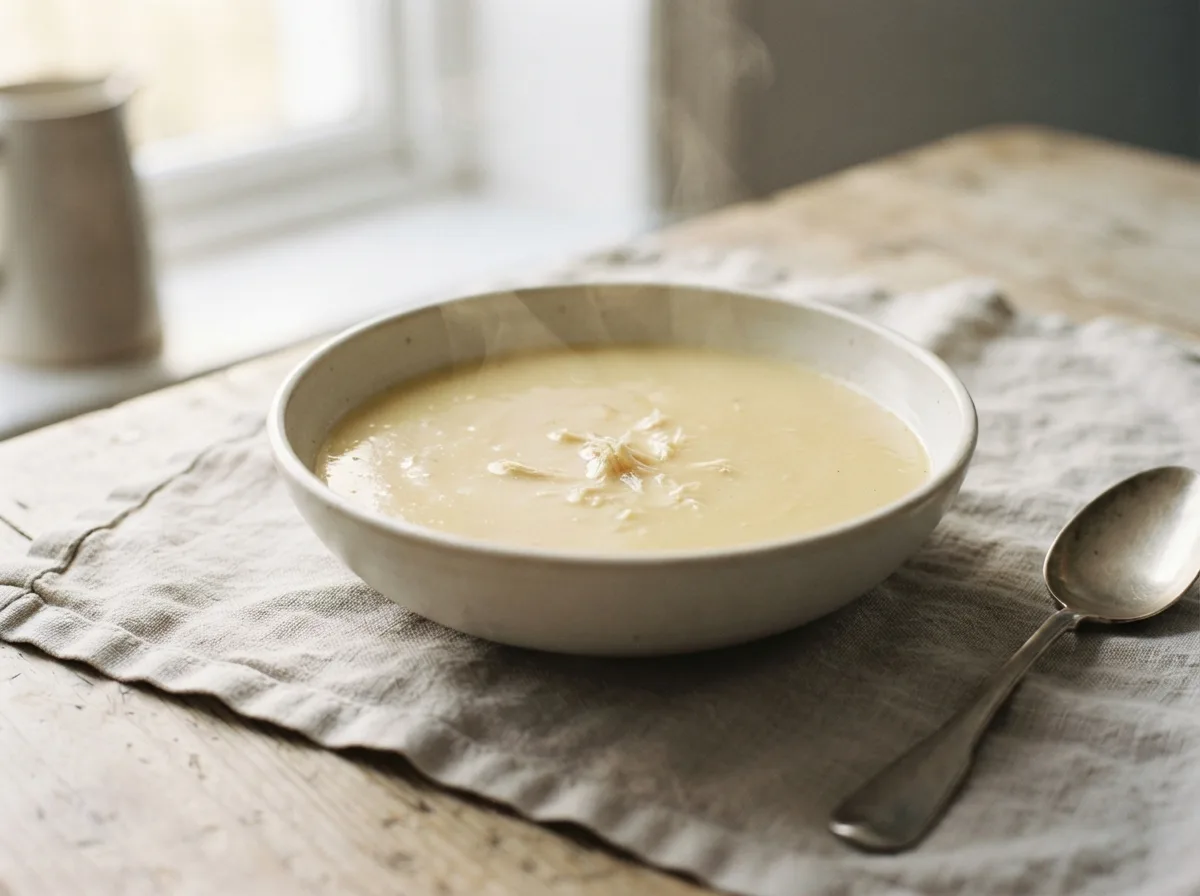 A bowl of smooth pale gold cream of chicken soup with flecks of shredded chicken visible.