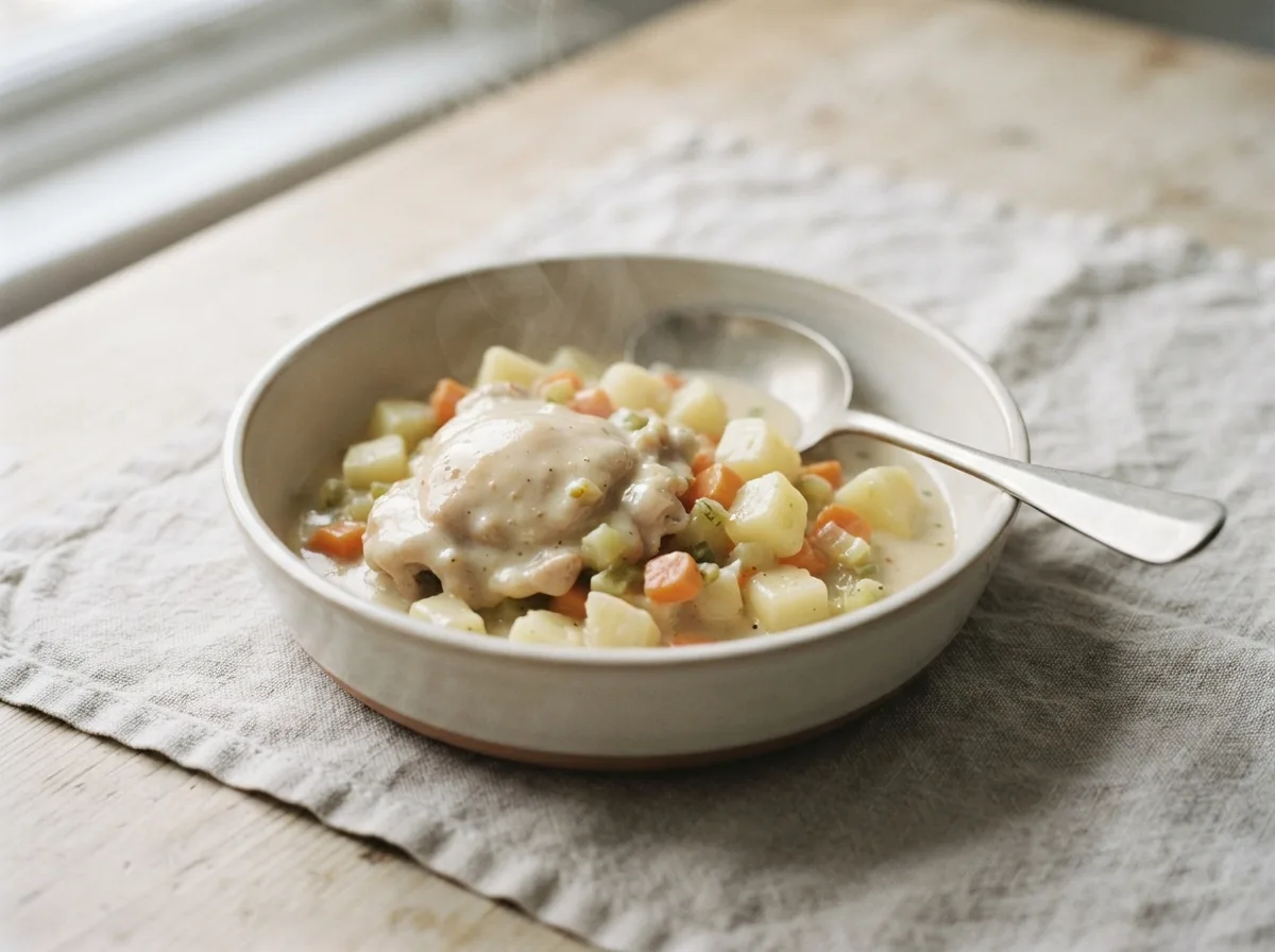 A casserole dish of chicken, potato and carrot pieces in a pale creamy sauce.