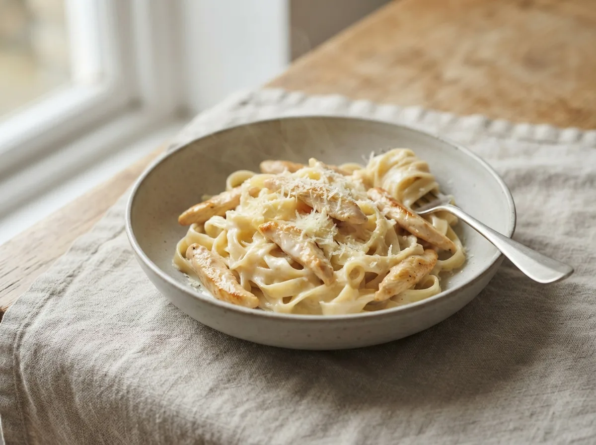 A bowl of tagliatelle coated in a creamy Parmesan sauce with strips of chicken.