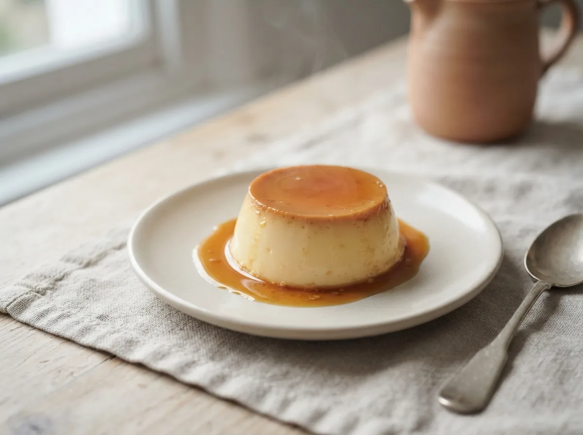 A turned-out crème caramel on a plate with dark caramel sauce pooling around its base.