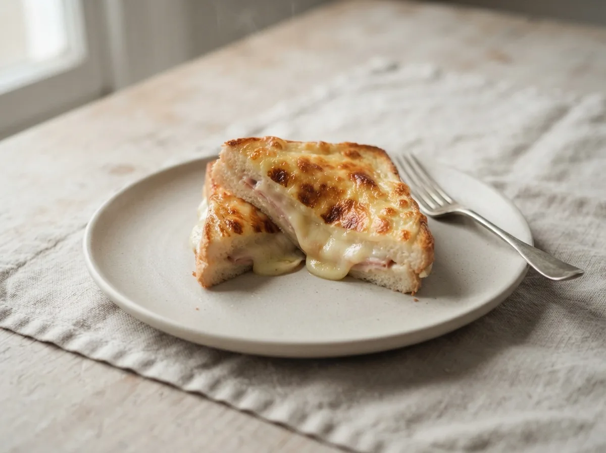 A crustless croque monsieur cut in half on a plate, showing melted cheese, ham and béchamel inside.