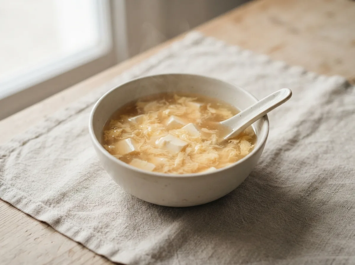A bowl of clear dashi broth with cubes of silken tofu and fine egg ribbons, a spoon resting inside.