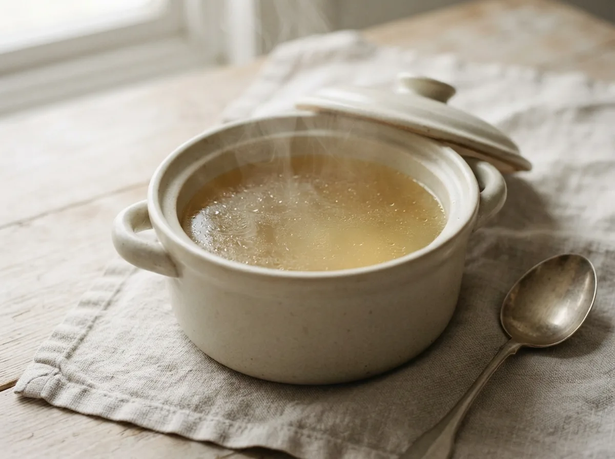 A pot of clear, pale gold chicken stock with steam rising from the surface.