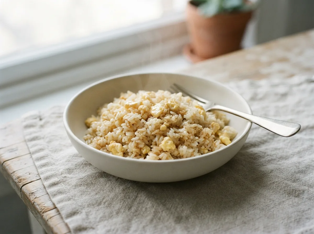 A bowl of egg fried rice with visible pieces of soft scrambled egg.
