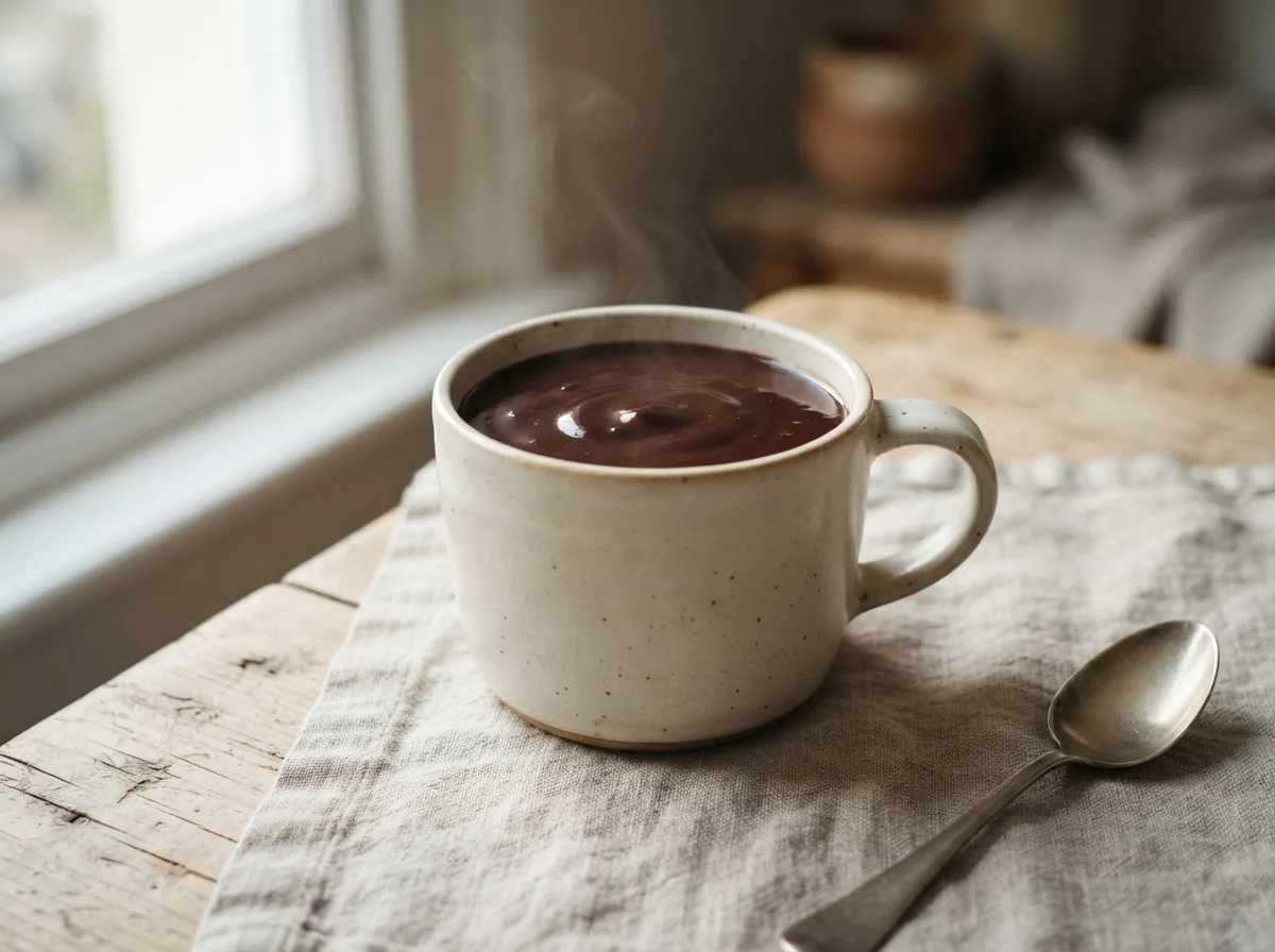 A mug of thick, glossy dark hot chocolate, steaming, filled almost to the rim.