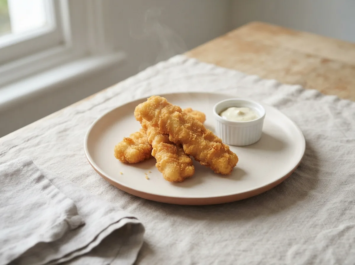 A plate of golden baked fish goujons beside a small bowl of smooth tartare sauce.
