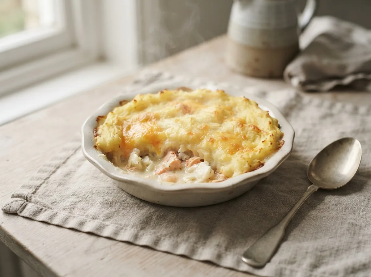 A small pie dish of fish pie with a golden mashed potato top and a creamy fish filling underneath.