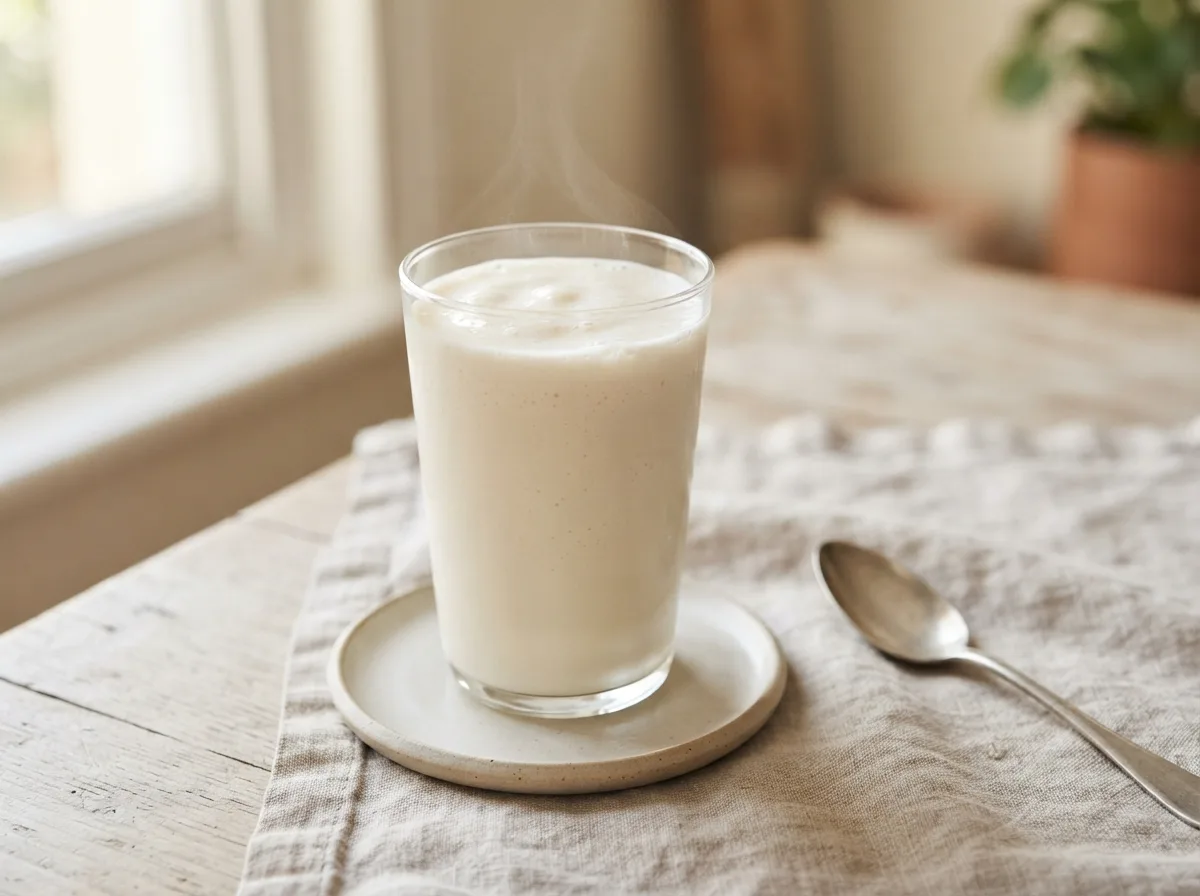 A tall glass of thick, pale, frothy milkshake filled almost to the rim.