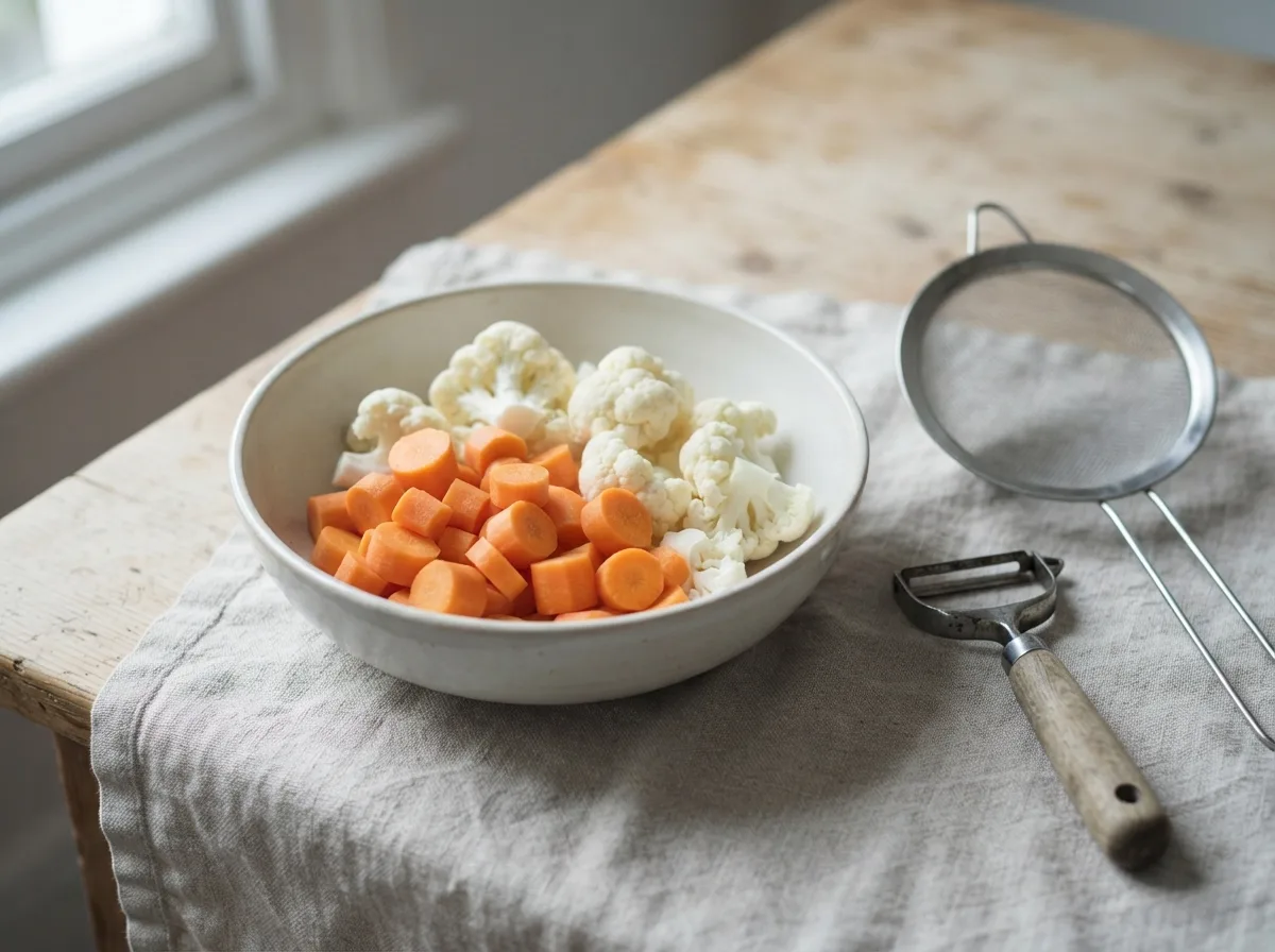 Quiet preparation: peeled carrots and tender cauliflower florets in a stoneware bowl with peeler and sieve