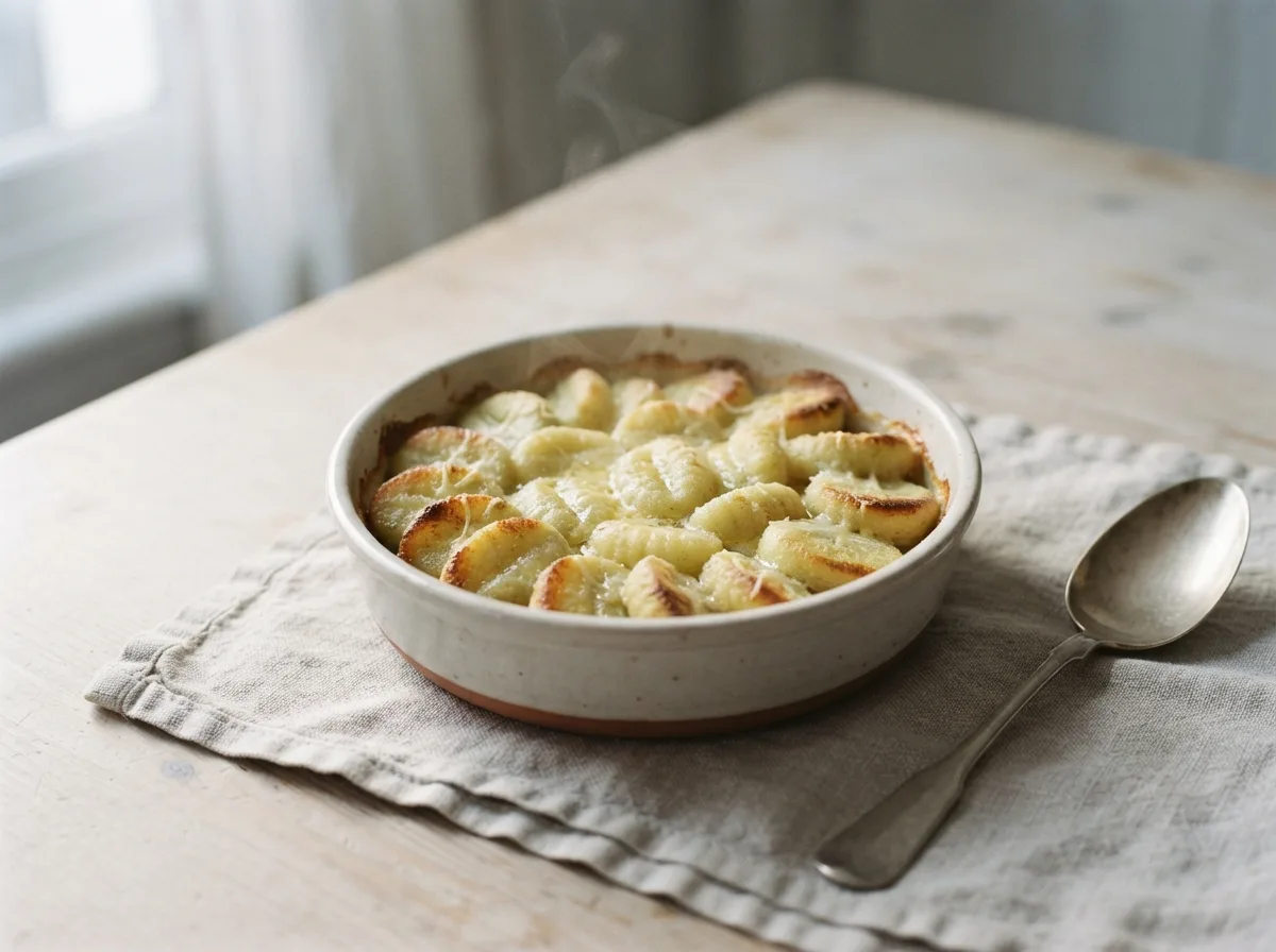 A dish of overlapping golden semolina rounds baked with butter and Parmesan.