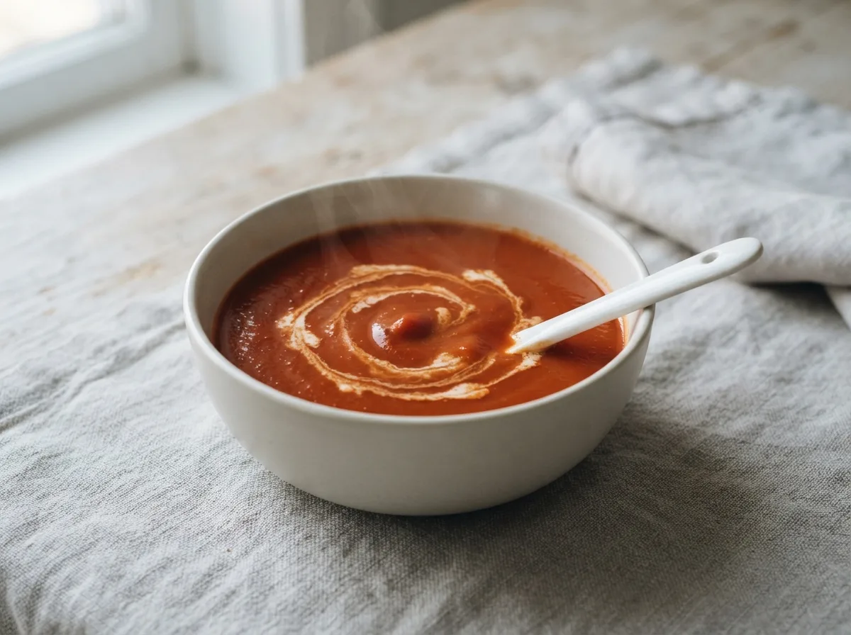 A bowl of smooth, deep red-orange tomato soup with a swirl of cream on top and a spoon resting inside.