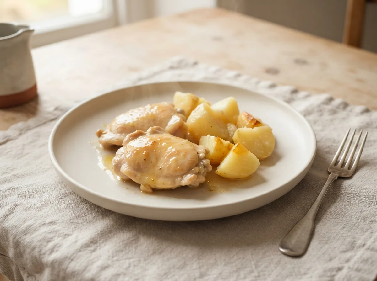 A plate of golden chicken thighs and potato chunks in a glossy lemon butter sauce.