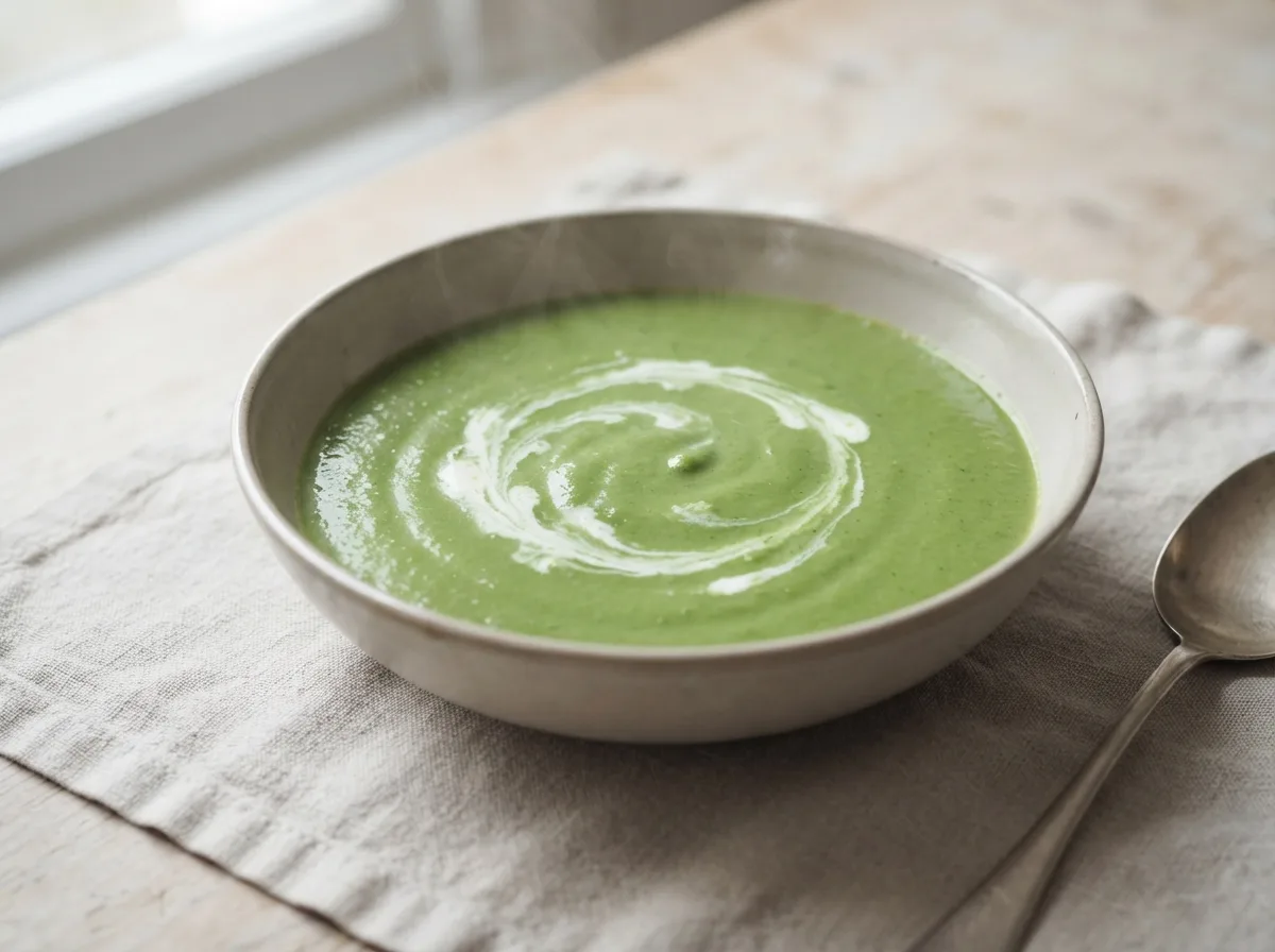 A bowl of vivid green spinach and potato soup with a swirl of cream.